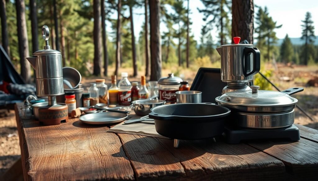 A well-equipped campsite with a rustic wooden table displaying an array of cooking essentials. In the foreground, a cast-iron skillet, percolator, and camping stove sit atop the table, their metallic surfaces gleaming under natural light. In the middle ground, a collection of utensils, spices, and camping cookware are neatly arranged, hinting at the culinary preparations to come. The background features a serene forest landscape, with tall pines and a clear sky, creating a peaceful, adventure-ready atmosphere.