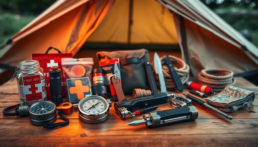 A well-stocked camping safety kit arranged on a wooden table, illuminated by soft, warm lighting. In the foreground, a compass, a high-powered flashlight, and a multi-tool glisten with a metallic sheen. Behind them, a first-aid kit, a whistle, and a signal mirror sit neatly organized. In the middle ground, a sturdy Swiss Army knife, a fire starter, and a survival blanket lie ready for any emergency. The background features a canvas tent, a coil of rope, and a map unfolded, hinting at the adventurous journey ahead. The overall scene conveys a sense of preparedness, resilience, and the thrill of outdoor exploration.